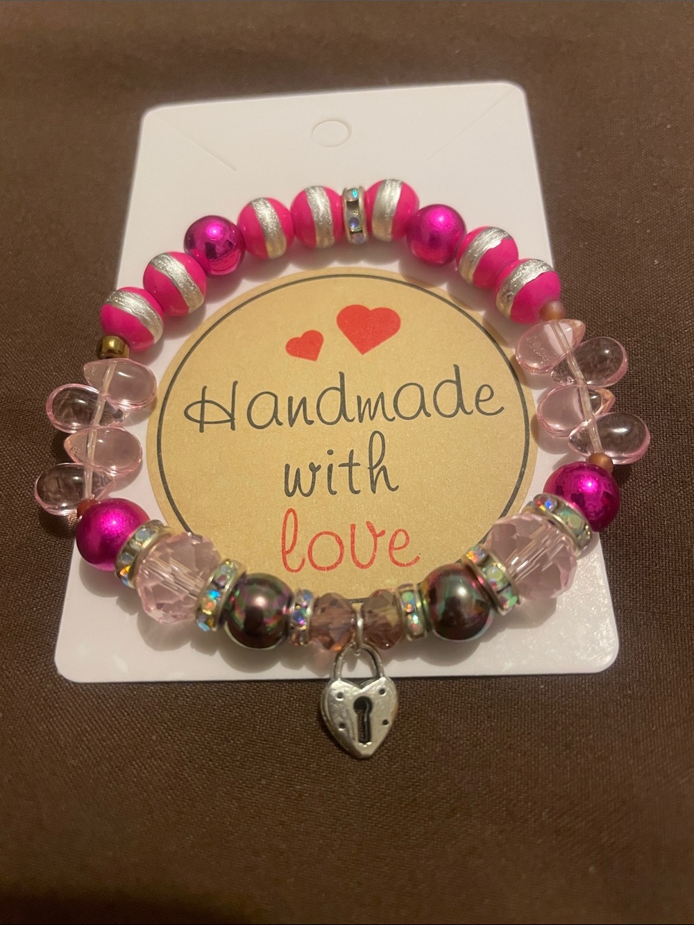 H2 - 2/$7 - Handmade Pink Beaded Fashion Bracelet with Heart Lock Charm